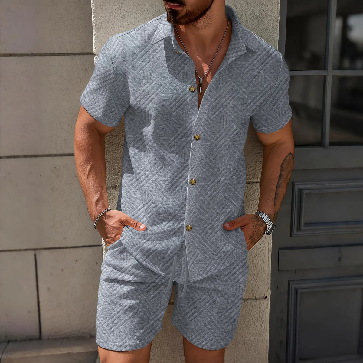 2026 Spring Summer Men Hot Sale Waffle Knit Solid Color Jacquard Lapel Cardigan Short Sleeve Shirt Shorts Casual 2 Piece Set