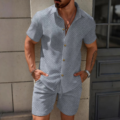 2026 Spring Summer Men Hot Sale Waffle Knit Solid Color Jacquard Lapel Cardigan Short Sleeve Shirt Shorts Casual 2 Piece Set