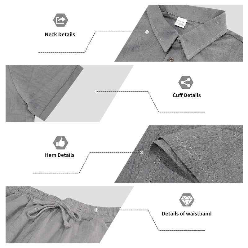 Men's Linen Breathable Loose Polo Two-Piece Set Short-Sleeve Top Work Pants Summer Beach Casual Sports Outfit