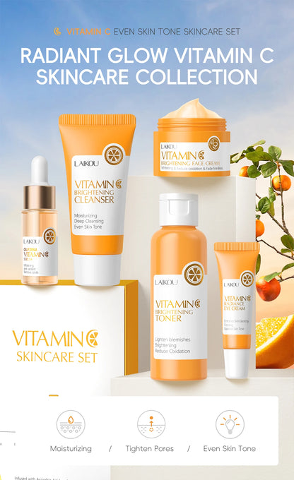 LAIKOU VITAMIN C Skincare Set Brightening 5Pcs Kit Even Skin Tone Smooth Wrinkle Tighten Pores Cleanser Toner Serum Eye Cream
