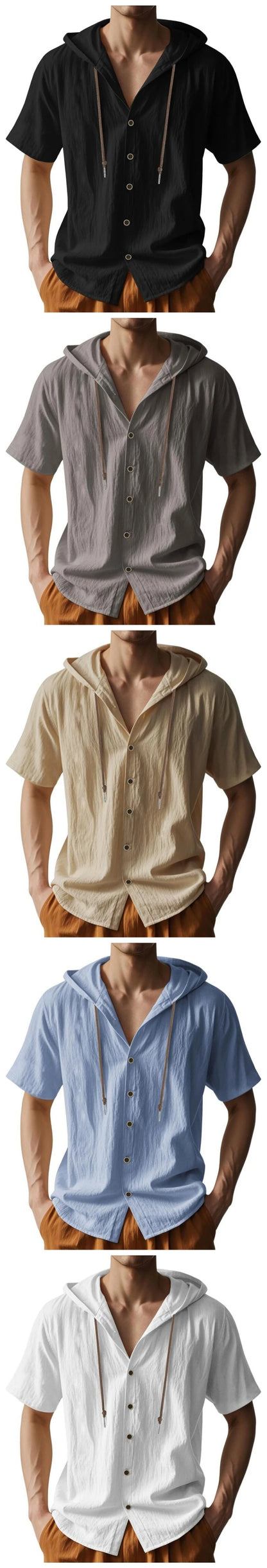 SOSUSU Men Short Sleeve Hooded Shirt Casual Button Down Drawstring Linen Style Summer Beach Tops Lightweight Breathable Loose