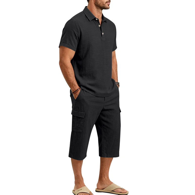 Men's Linen Breathable Loose Polo Two-Piece Set Short-Sleeve Top Work Pants Summer Beach Casual Sports Outfit