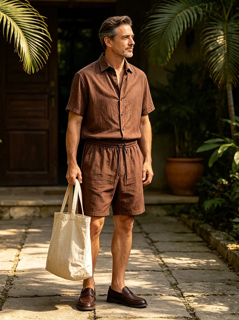 Men's 2 Piece Breathable Linen Set Short Sleeve Button Shirt & Shorts Looser Fit Summer Casual Beach Vacation Daily Wear Outfit
