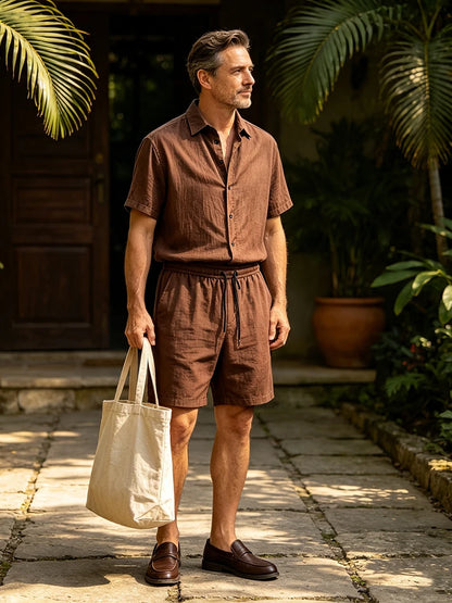 Men's 2 Piece Breathable Linen Set Short Sleeve Button Shirt & Shorts Looser Fit Summer Casual Beach Vacation Daily Wear Outfit