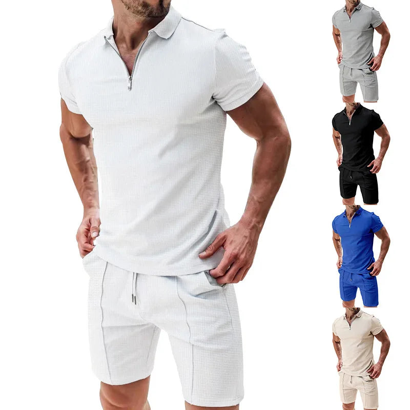 Summer Waffle Solid Color Casual Loose Collar Polo Shirt Set European and American Men Short Sleeved Shorts Casual Set
