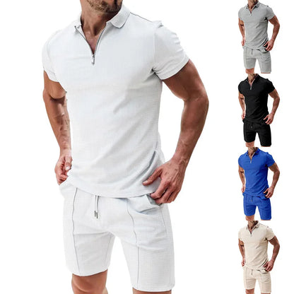 Summer Waffle Solid Color Casual Loose Collar Polo Shirt Set European and American Men Short Sleeved Shorts Casual Set