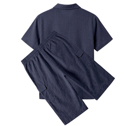 Men's Linen Breathable Loose Polo Two-Piece Set Short-Sleeve Top Work Pants Summer Beach Casual Sports Outfit