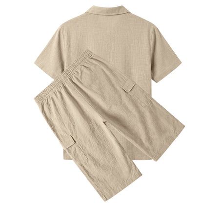 Men's Linen Breathable Loose Polo Two-Piece Set Short-Sleeve Top Work Pants Summer Beach Casual Sports Outfit