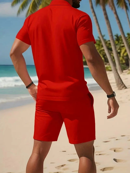 Summer Casual Versatile Fashion Short-Sleeved Button-Down Polo Shirt And Breathable Mesh Shorts Set for Men Plus Size