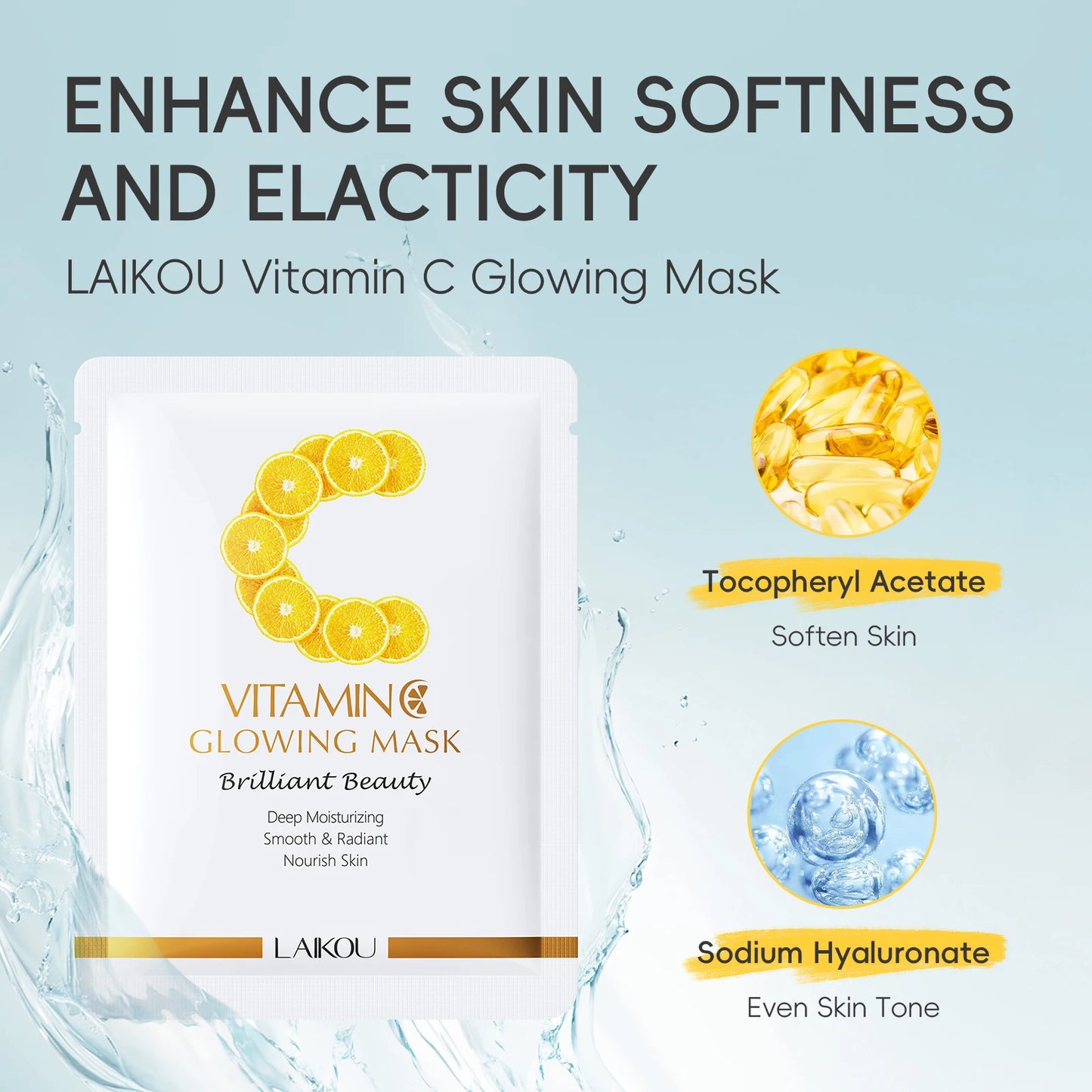 LAIKOU Vitamin C Glowing Mask Brightening Sheet Mask Hydrating Face Mask Anti-Age Skin Care 25g*20pcs