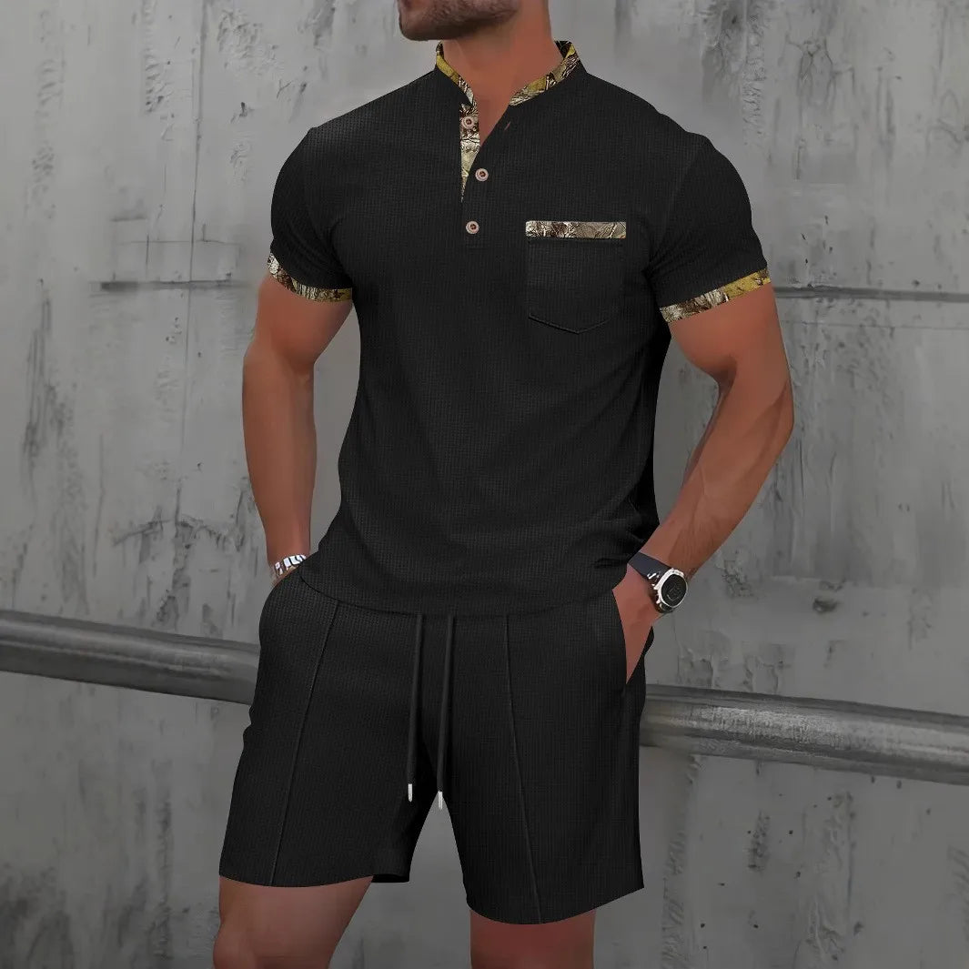 Summer Waffle Solid Color Casual Loose Collar Polo Shirt Set European and American Men Short Sleeved Shorts Casual Set