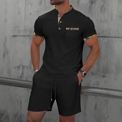 Summer Waffle Solid Color Casual Loose Collar Polo Shirt Set European and American Men Short Sleeved Shorts Casual Set