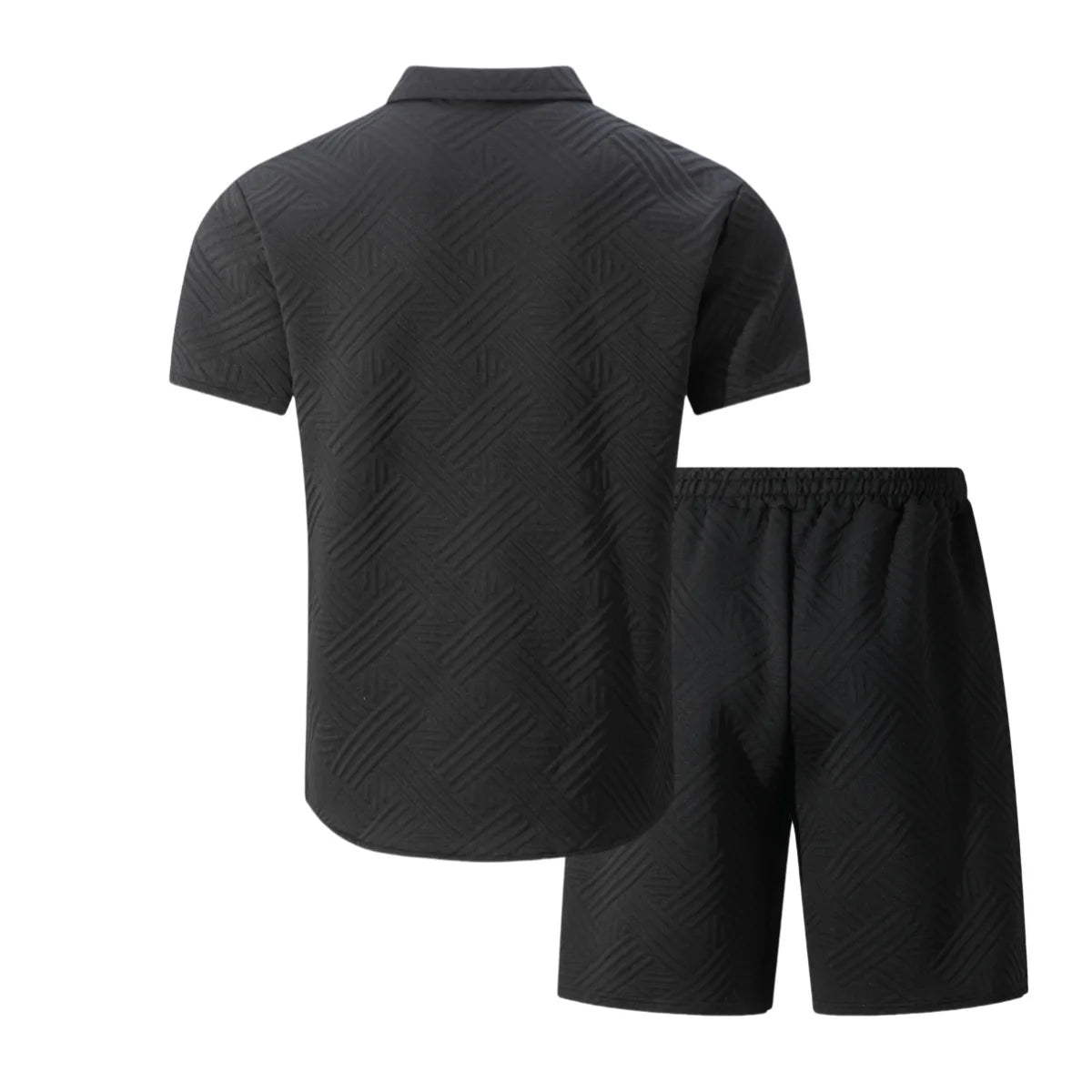 2026 Spring Summer Men Hot Sale Waffle Knit Solid Color Jacquard Lapel Cardigan Short Sleeve Shirt Shorts Casual 2 Piece Set
