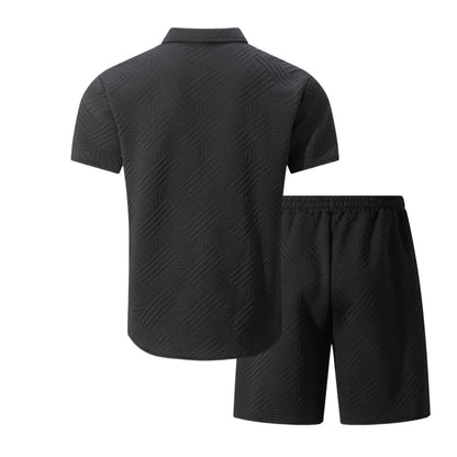 2026 Spring Summer Men Hot Sale Waffle Knit Solid Color Jacquard Lapel Cardigan Short Sleeve Shirt Shorts Casual 2 Piece Set