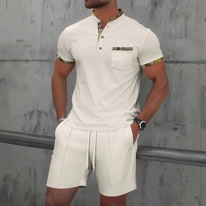 Summer Waffle Solid Color Casual Loose Collar Polo Shirt Set European and American Men Short Sleeved Shorts Casual Set