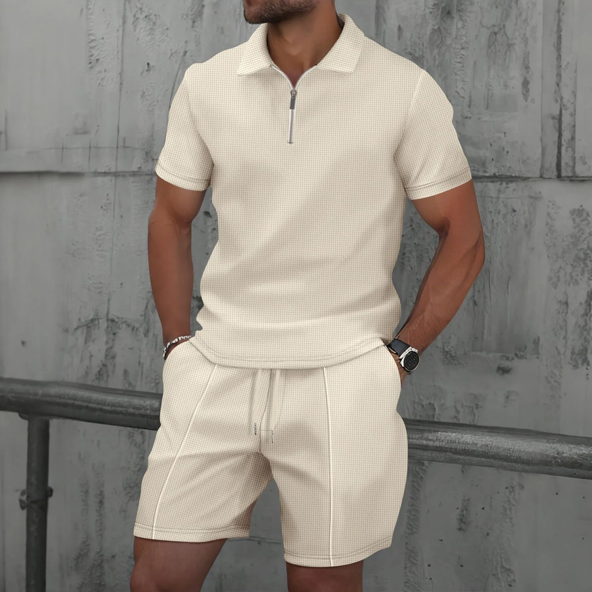 Summer Waffle Solid Color Casual Loose Collar Polo Shirt Set European and American Men Short Sleeved Shorts Casual Set