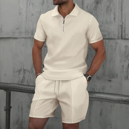 Summer Waffle Solid Color Casual Loose Collar Polo Shirt Set European and American Men Short Sleeved Shorts Casual Set