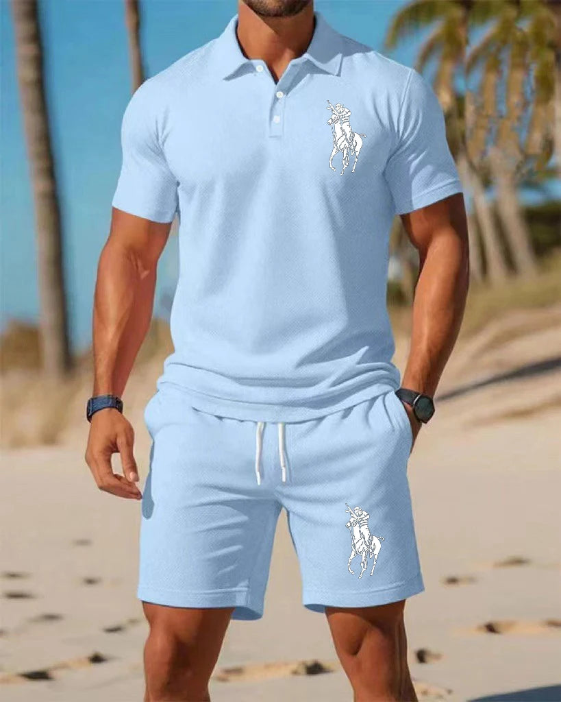 Men's trendy sports polo shirt paired with shorts,  print on the chest and breathable fabric,   distance travel and home wear