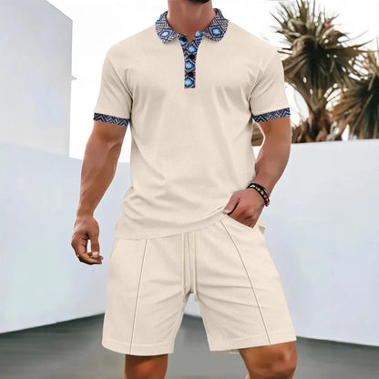 Summer Waffle Solid Color Casual Loose Collar Polo Shirt Set European and American Men Short Sleeved Shorts Casual Set
