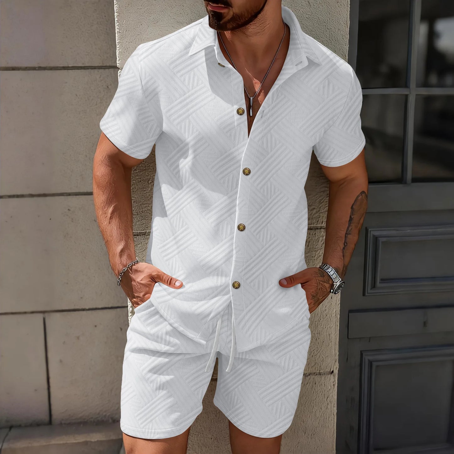 2026 Spring Summer Men Hot Sale Waffle Knit Solid Color Jacquard Lapel Cardigan Short Sleeve Shirt Shorts Casual 2 Piece Set