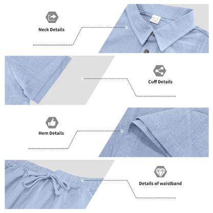 Men's Linen Breathable Loose Polo Two-Piece Set Short-Sleeve Top Work Pants Summer Beach Casual Sports Outfit