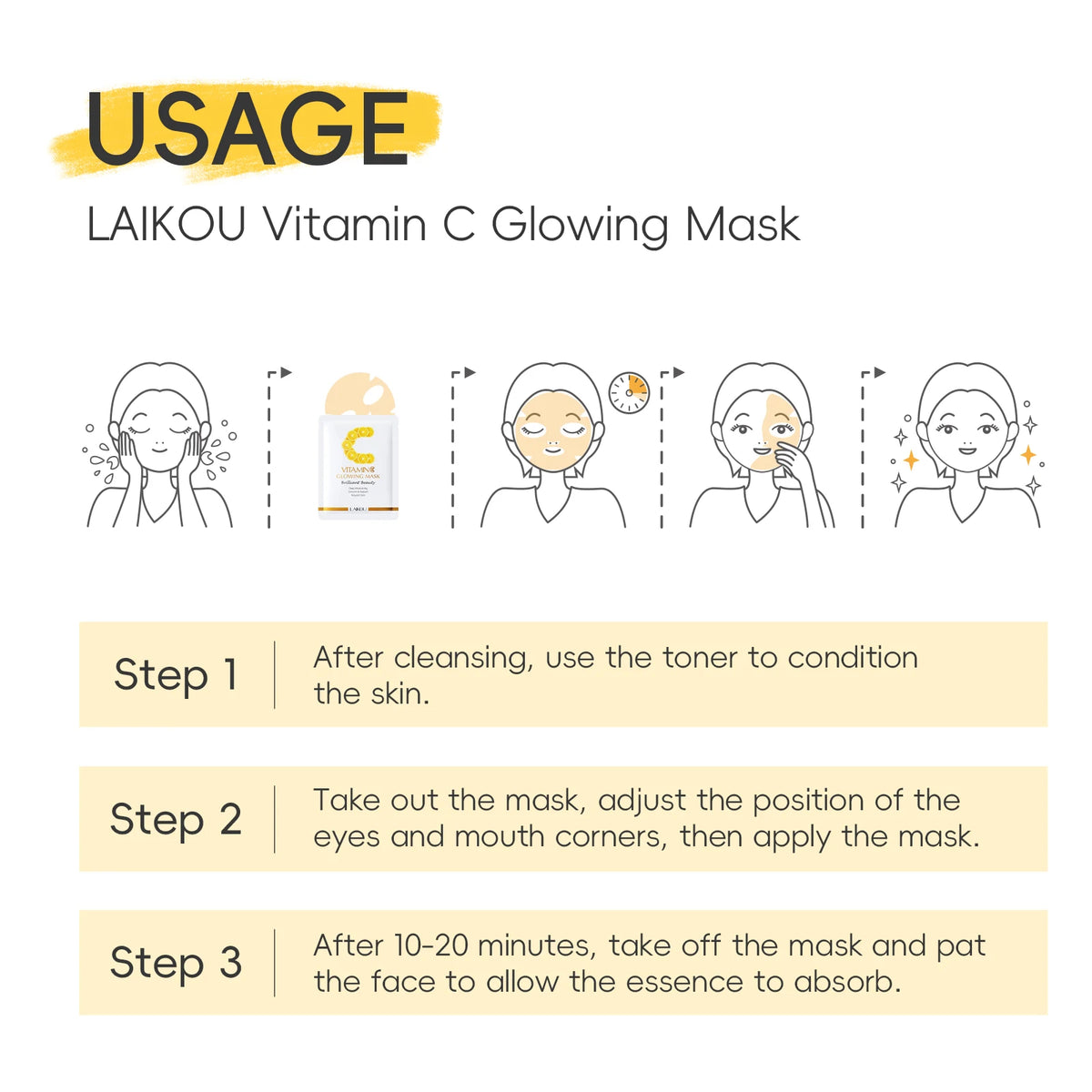 LAIKOU Vitamin C Glowing Mask Brightening Sheet Mask Hydrating Face Mask Anti-Age Skin Care 25g*20pcs