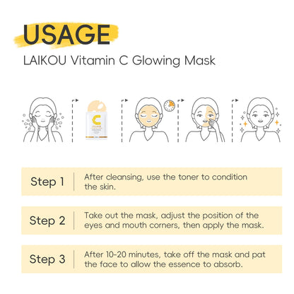 LAIKOU Vitamin C Glowing Mask Brightening Sheet Mask Hydrating Face Mask Anti-Age Skin Care 25g*20pcs