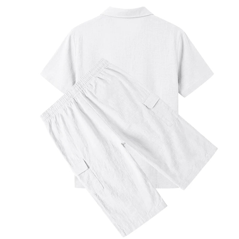 Men's Linen Breathable Loose Polo Two-Piece Set Short-Sleeve Top Work Pants Summer Beach Casual Sports Outfit