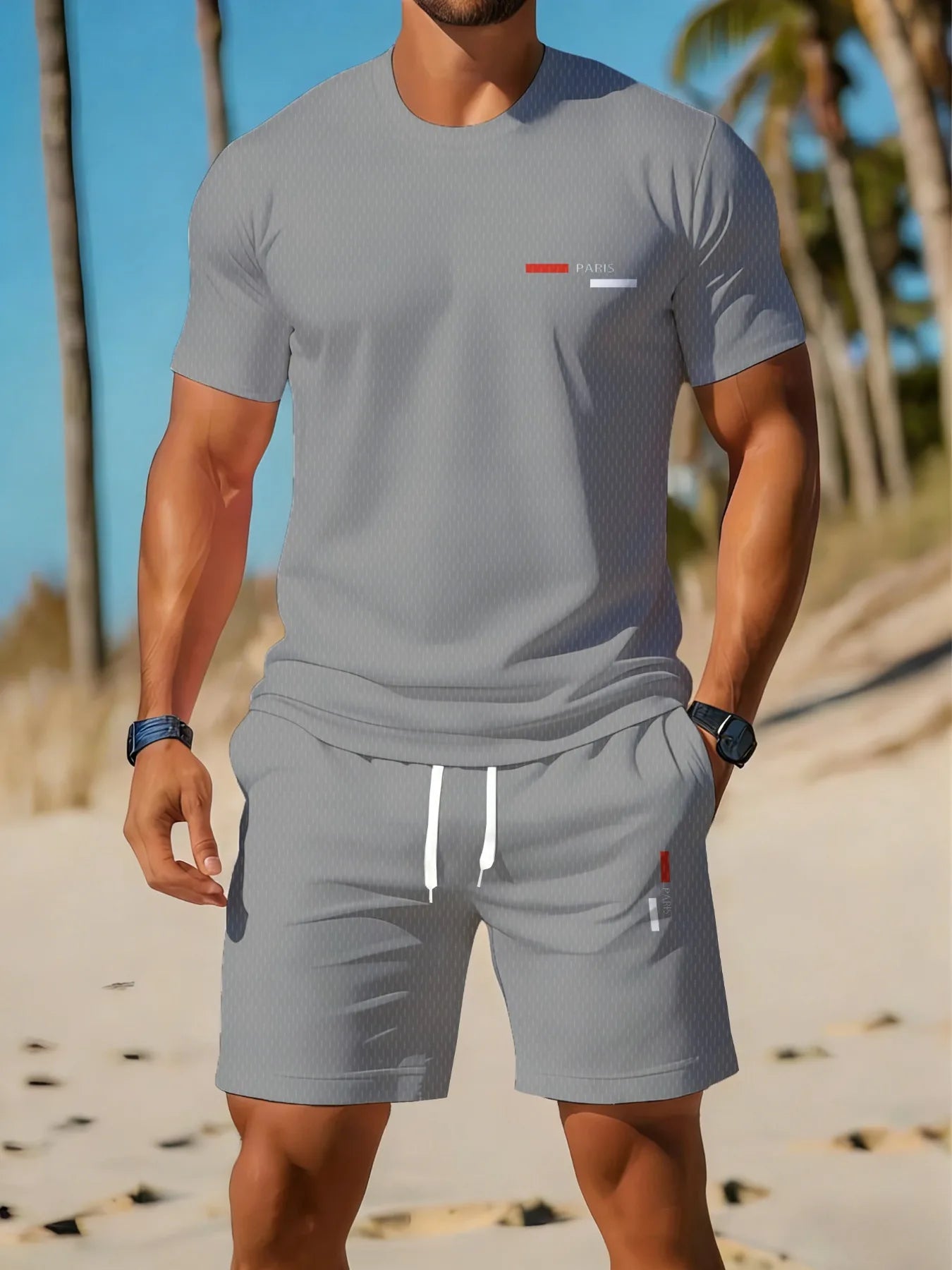 Summer Men's Breathable Quick-drying T-shirt and Shorts 2-piece Set Casual Streetwear Short Sleeve T-shirts Pockets Shorts Suit