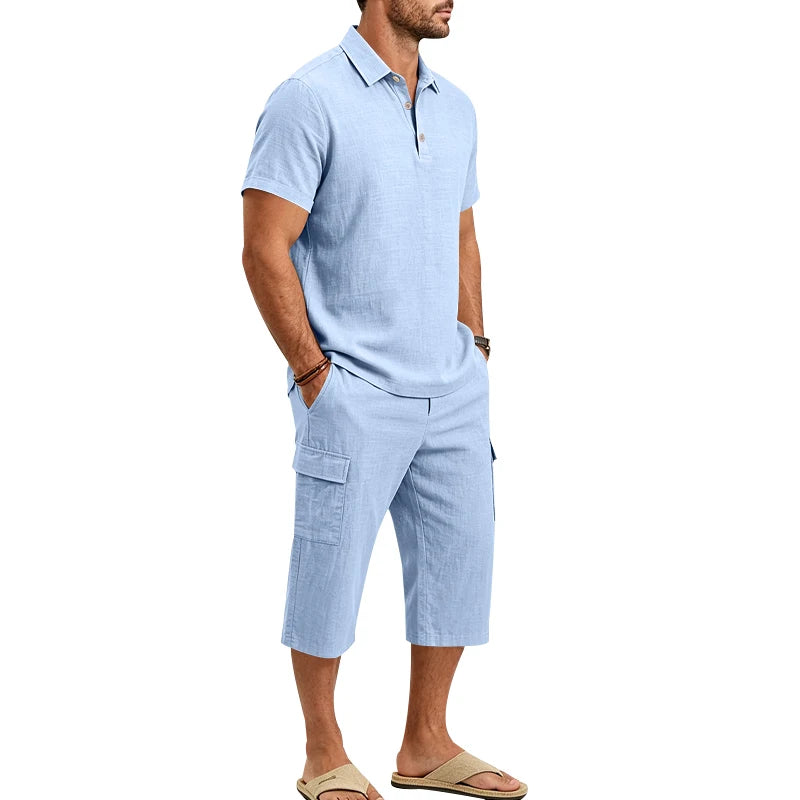 Men's Linen Breathable Loose Polo Two-Piece Set Short-Sleeve Top Work Pants Summer Beach Casual Sports Outfit