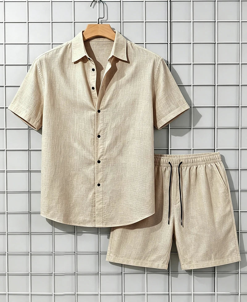 Men's 2 Piece Breathable Linen Set Short Sleeve Button Shirt & Shorts Looser Fit Summer Casual Beach Vacation Daily Wear Outfit