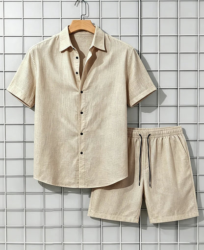Men's 2 Piece Breathable Linen Set Short Sleeve Button Shirt & Shorts Looser Fit Summer Casual Beach Vacation Daily Wear Outfit