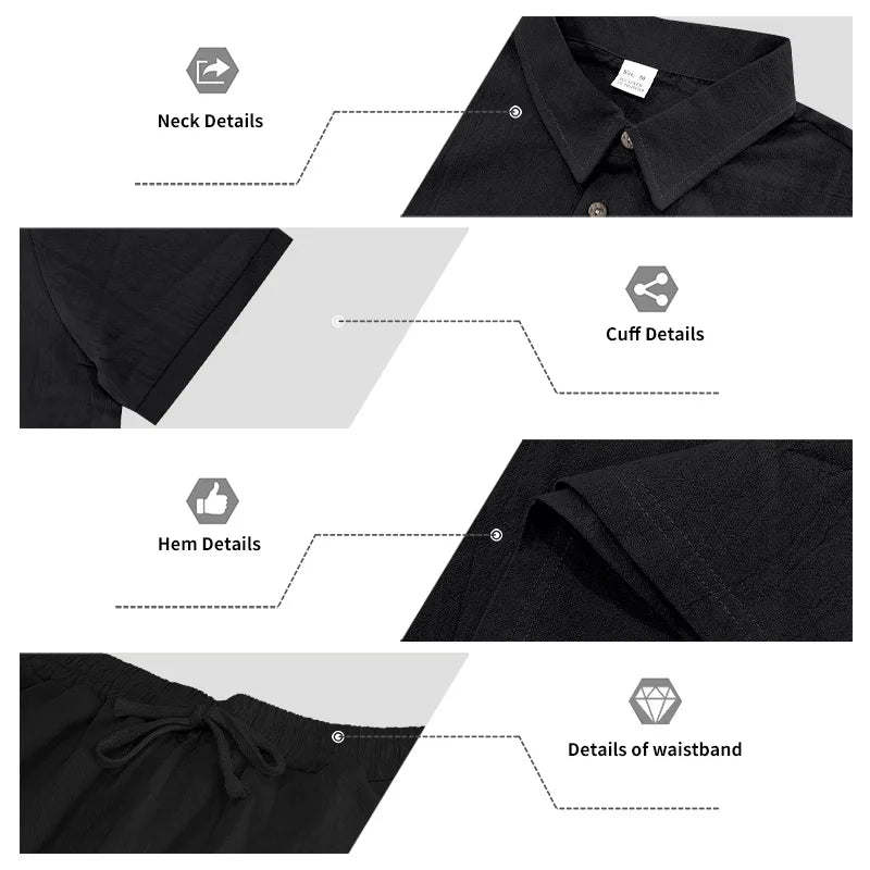 Men's Linen Breathable Loose Polo Two-Piece Set Short-Sleeve Top Work Pants Summer Beach Casual Sports Outfit