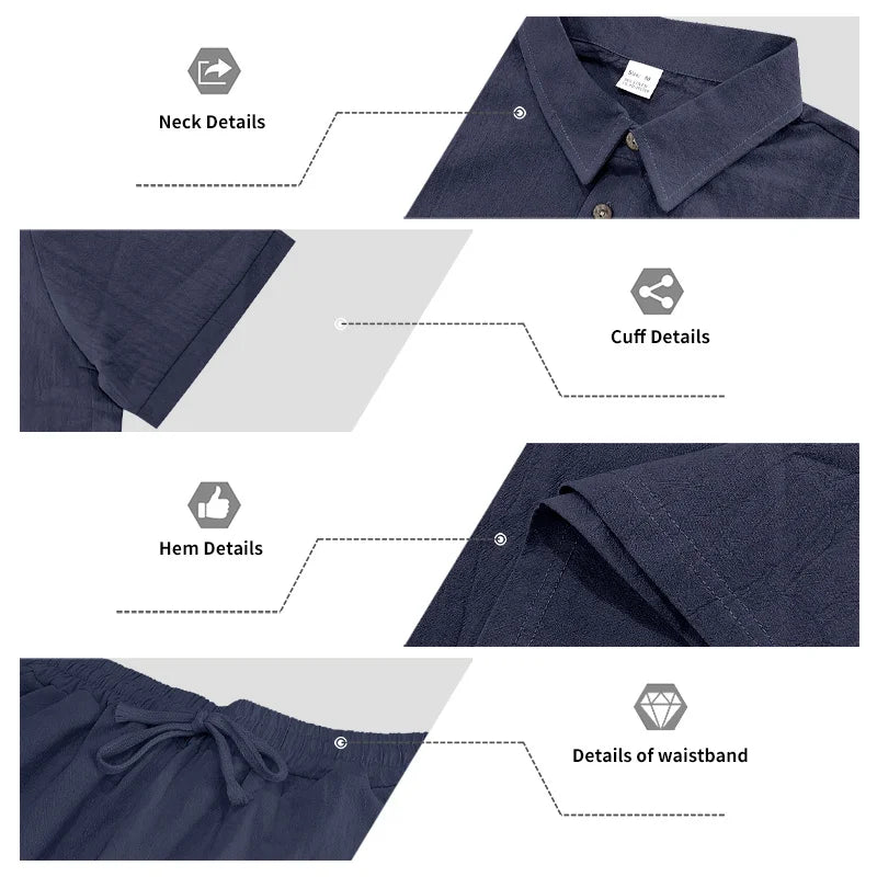 Men's Linen Breathable Loose Polo Two-Piece Set Short-Sleeve Top Work Pants Summer Beach Casual Sports Outfit