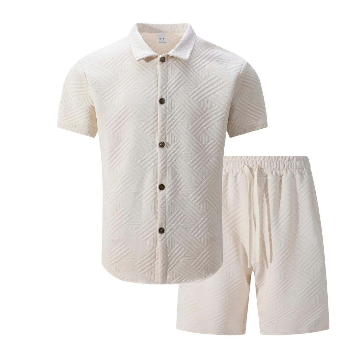 2026 Spring Summer Men Hot Sale Waffle Knit Solid Color Jacquard Lapel Cardigan Short Sleeve Shirt Shorts Casual 2 Piece Set