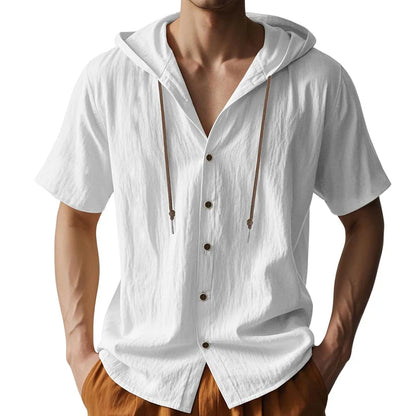 SOSUSU Men Short Sleeve Hooded Shirt Casual Button Down Drawstring Linen Style Summer Beach Tops Lightweight Breathable Loose