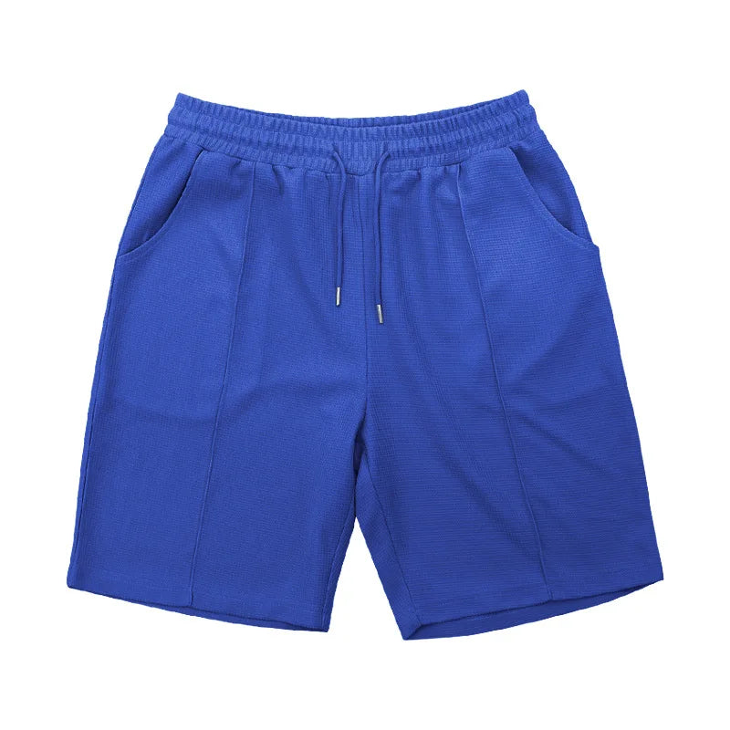Men's Waffle Knit 2 Piece Tracksuit Set Solid Color Short Sleeve Crew Neck T Shirt Elastic Waist Shorts Summer Casual  Outfit.