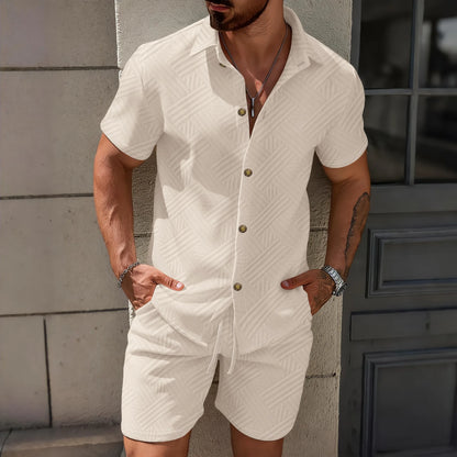 2026 Spring Summer Men Hot Sale Waffle Knit Solid Color Jacquard Lapel Cardigan Short Sleeve Shirt Shorts Casual 2 Piece Set