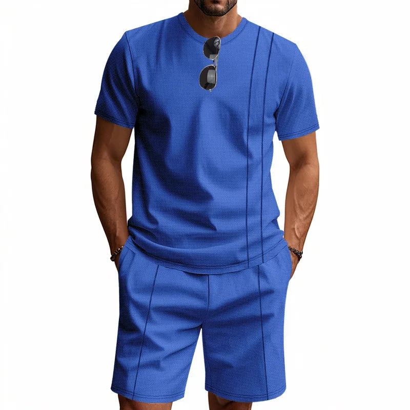 Men's Waffle Knit 2 Piece Tracksuit Set Solid Color Short Sleeve Crew Neck T Shirt Elastic Waist Shorts Summer Casual  Outfit.