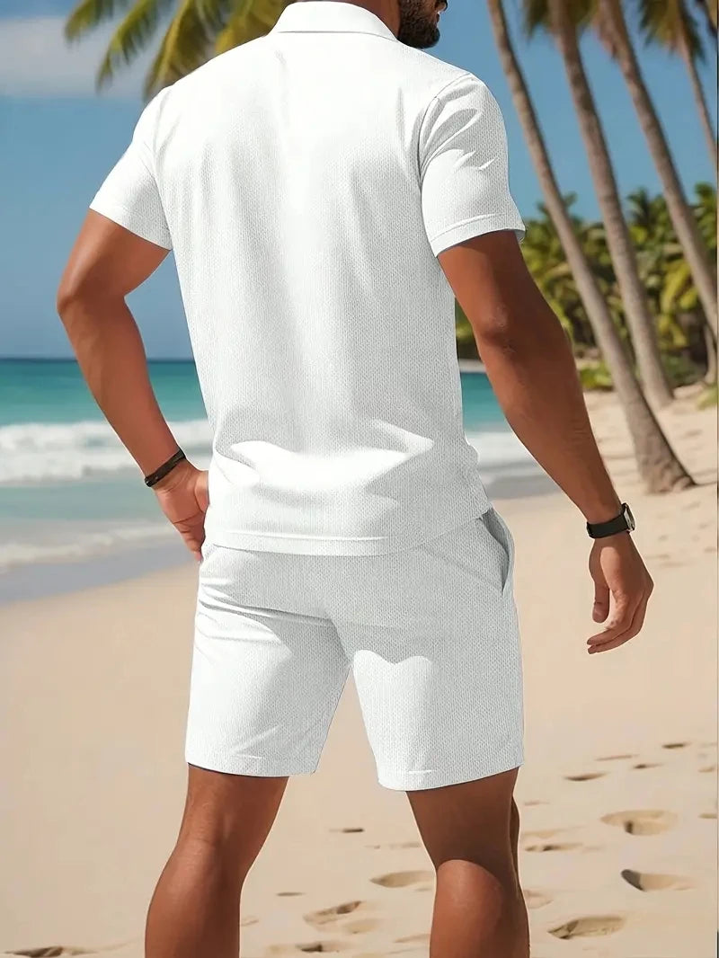 Summer Casual Versatile Fashion Short-Sleeved Button-Down Polo Shirt And Breathable Mesh Shorts Set for Men Plus Size