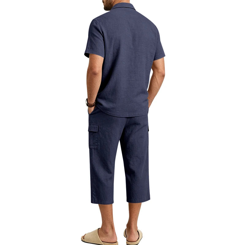 Men's Linen Breathable Loose Polo Two-Piece Set Short-Sleeve Top Work Pants Summer Beach Casual Sports Outfit