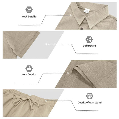 Men's Linen Breathable Loose Polo Two-Piece Set Short-Sleeve Top Work Pants Summer Beach Casual Sports Outfit