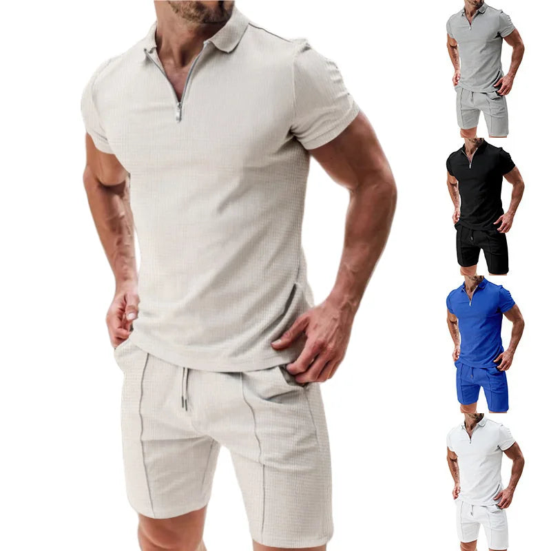 Men's Short Sleeved Shorts Casual Set Summer Waffle Solid Color Casual Sports Trend Loose Collar T-shirt Set Men