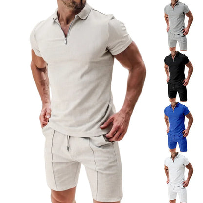 Men's Short Sleeved Shorts Casual Set Summer Waffle Solid Color Casual Sports Trend Loose Collar T-shirt Set Men