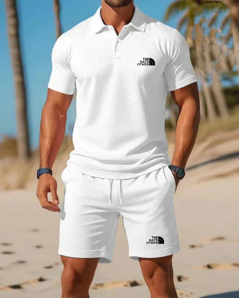 Daily essential men's casual Polo set exquisite letter printing soft glutinous fabric home fitness jogging versatile shorts set