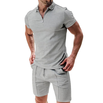 Men's Short Sleeved Shorts Casual Set Summer Waffle Solid Color Casual Sports Trend Loose Collar T-shirt Set Men