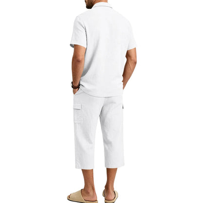 Men's Linen Breathable Loose Polo Two-Piece Set Short-Sleeve Top Work Pants Summer Beach Casual Sports Outfit