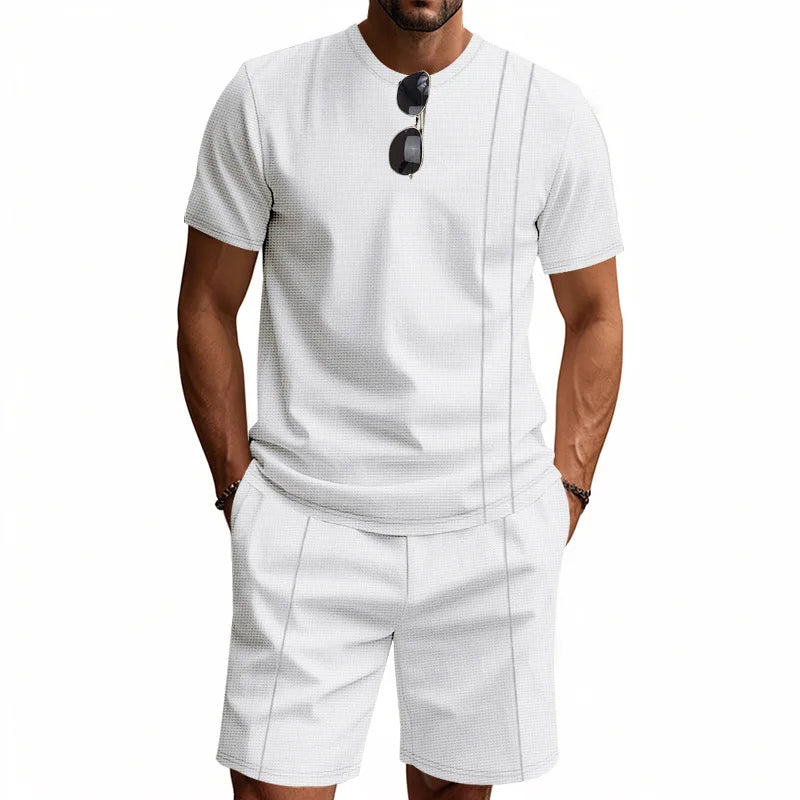 Men's Waffle Knit 2 Piece Tracksuit Set Solid Color Short Sleeve Crew Neck T Shirt Elastic Waist Shorts Summer Casual  Outfit.