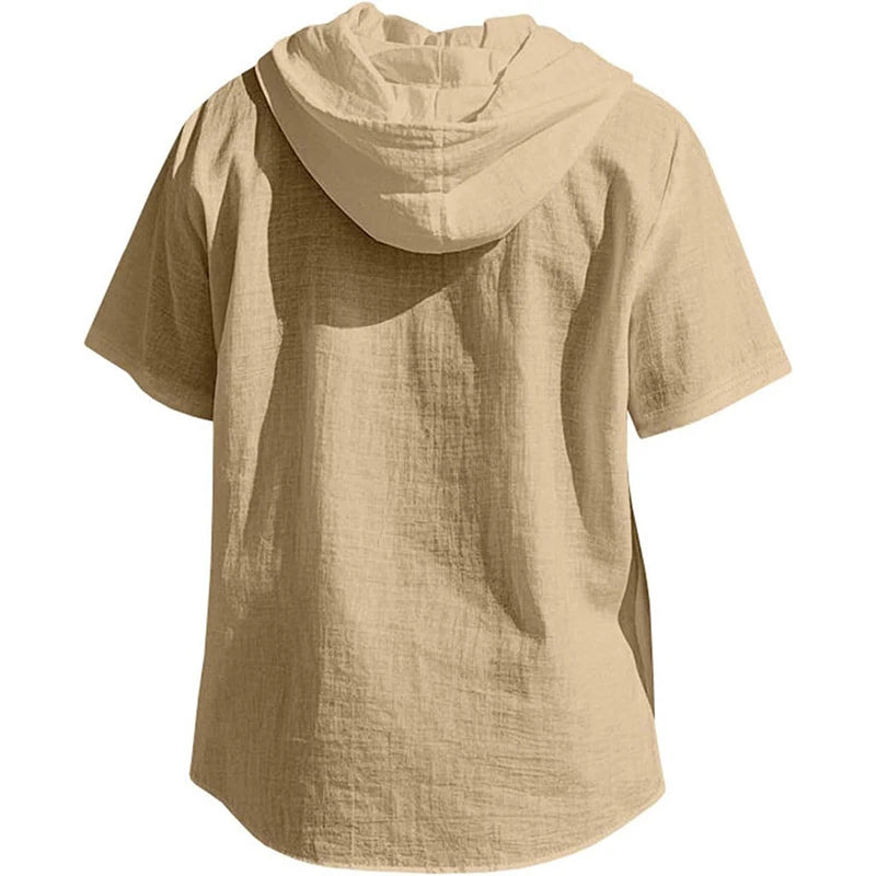 SOSUSU Men Short Sleeve Hooded Shirt Casual Button Down Drawstring Linen Style Summer Beach Tops Lightweight Breathable Loose