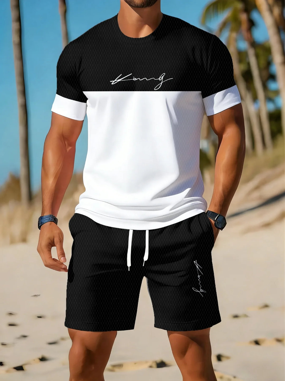 Summer Men's Breathable Quick-drying T-shirt and Shorts 2-piece Set Casual Streetwear Short Sleeve T-shirts Pockets Shorts Suit
